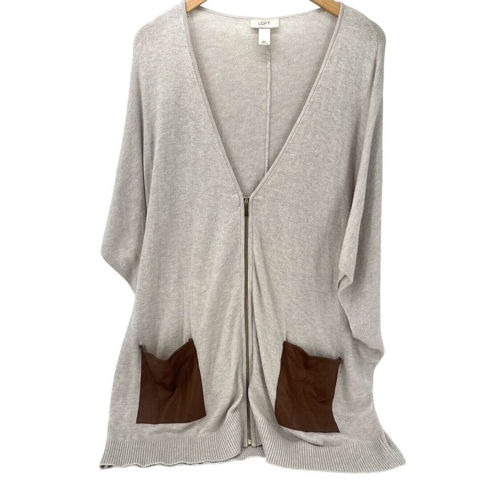 LOFT Sweater Womens M/L‎ Oversized Cardigan Sleeveless Zip Up V-Neck Tan